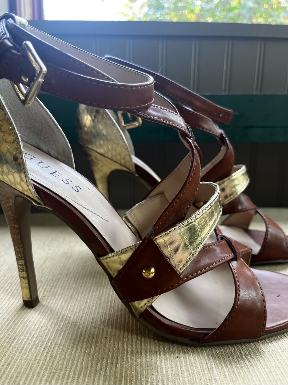 Women’s Brown Leather Strappy Heeled Sandals with Gold Accent - Picture 2 of 9